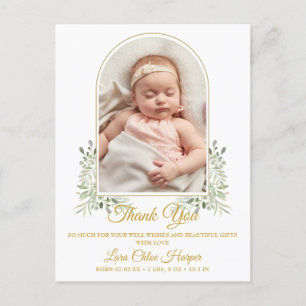 Baby-Arch-Foto-Grün-Gold-Danke- Geburt Ankündigungspostkarte