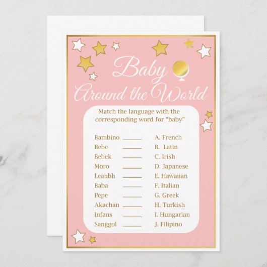 Baby Around the World Shower Game Gold Pink Star Einladung (Vorne/Hinten)
