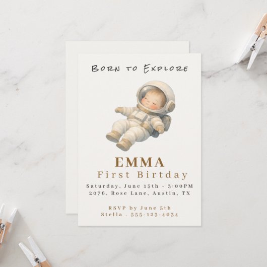 Baby Astronaut First Birthday Flat Invitation Card Einladung (Vorderseite/Rückseite Beispiel)