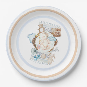Baby auf Decke Blau gestreift Vintage Baby Shower Pappteller