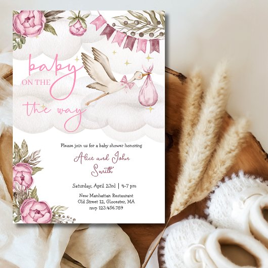 Baby auf dem Weg Storch und Ballon Babydusche Einladung