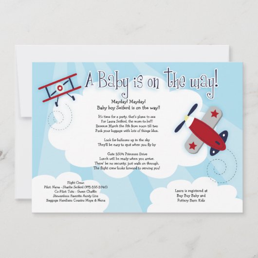 BABY AVIATOR Airplane 12x18 Baby Dusche Einladung (Vorderseite)