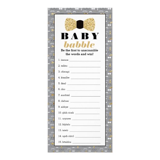 Baby Babbly Word Scramble Game, Bow Krawatte Werbekarte (Vorne)