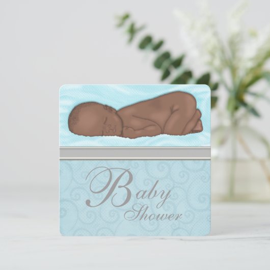 Baby Baby Boy Blue Gray Baby Dusche Einladung (Stehend Vorderseite)
