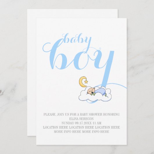 Baby Baby Dusche Blauer Text minimal Einladung (Vorne/Hinten)