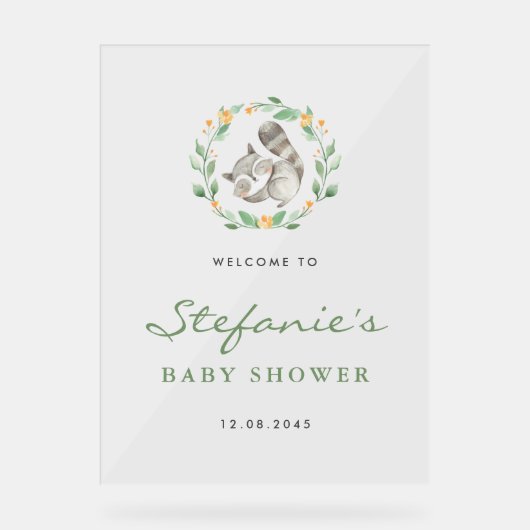 Baby Baby Raccoon Wreath Baby Dusche Willkommen Acrylschild (Vorderseite)