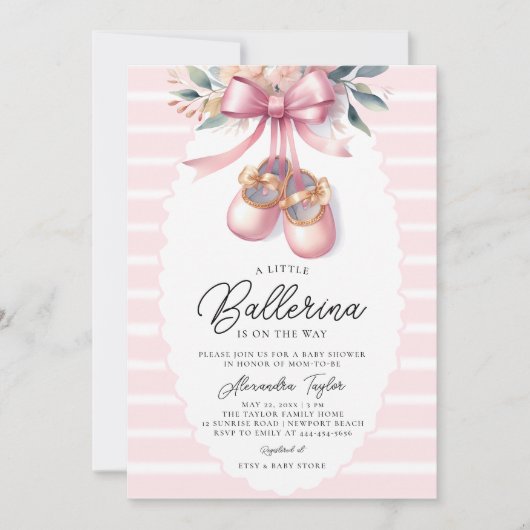 Baby Ballerina Schuhe Rosa Blumendusche Einladung (Vorderseite)