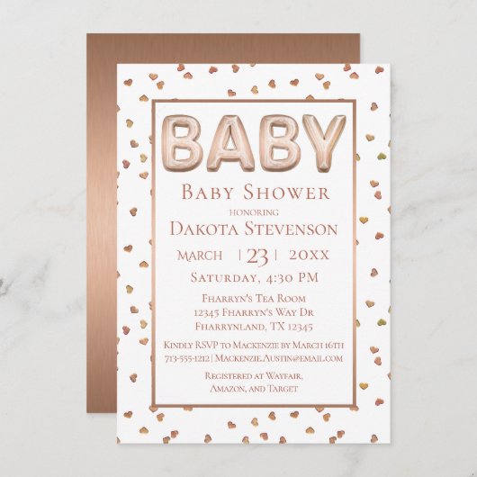 Baby Balloon | Elegante Rose Gold Baby Dusche Einladung (Vorne/Hinten)