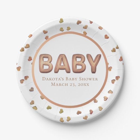 Baby Balloon | Elegante Rose Gold Baby Dusche Pappteller (Vorderseite)