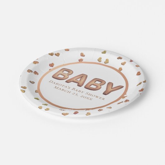 Baby Balloon | Elegante Rose Gold Baby Dusche Pappteller (Schrägansicht)