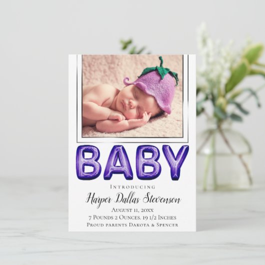 Baby Balloon | Royal Violet Lila Baby Dusche Ankündigung (Stehend Vorderseite)
