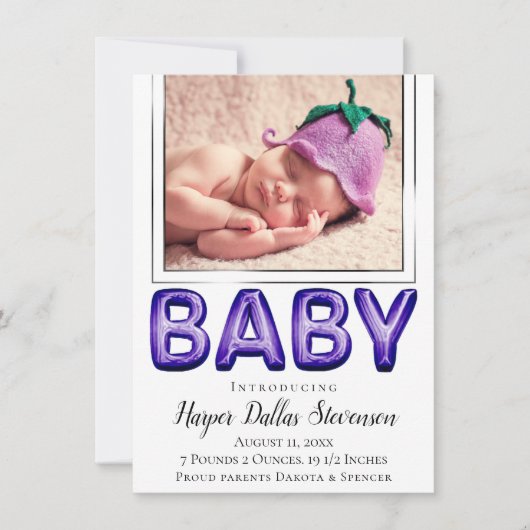 Baby Balloon | Royal Violet Lila Baby Dusche Ankündigung (Vorderseite)