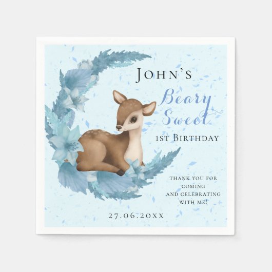 Baby Bambi & Blume Mond Staubblau Geburtstag Serviette (Vorderseite)