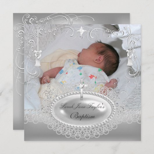 Baby Baptism Girl Boy Christening Silver Pearl Einladung (Vorne/Hinten)