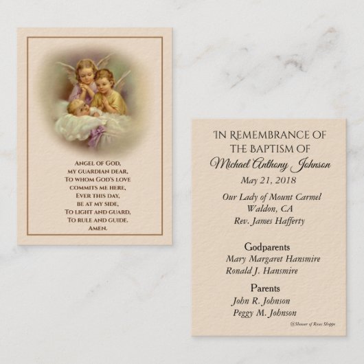 Baby Baptismal Remembrans Angels Holy Card Visitenkarte (Vorne/Hinten)