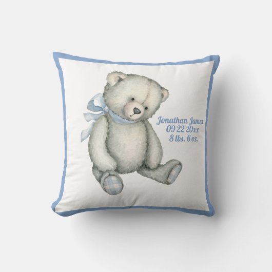 Baby Bär Blaue Schleife Aquarell Baby Junge Vintag Kissen (Vorderseite)