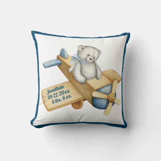 Baby-Bär-Flugzeug-Wasserfarbe Baby-Junge-Vintage Kissen (Vorderseite)