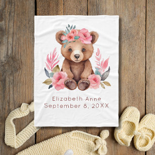 Baby-Bär Rosa Blumen Wasserfarbe Geschenk Baby Fleecedecke