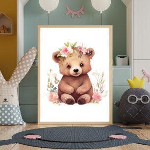 Baby-Bär Rosa Blumen Wasserfarbe Kinderzimmer Wand Poster