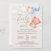 Baby Bär, Teddy Bär, Blue Balloons, Babydusche Einladung (Vorderseite)