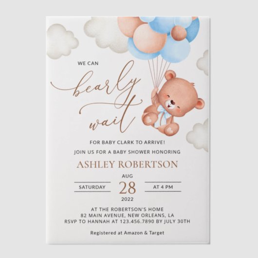 Baby Bär, Teddy Bär, Blue Balloons, Babydusche Pergament Einladungen (Vorderseite)