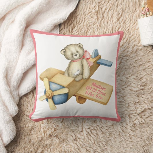 Baby Bear Airplane Watercolor Baby Girl Kissen (Decke)