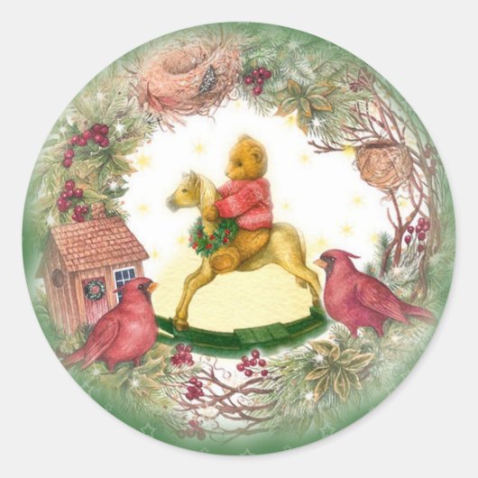 Baby Bear auf Rocking Horse Kardinal Runder Aufkleber (Vorderseite)