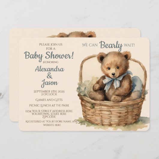 Baby Bear Boys Bearly Wait Baby Dusche Einladung (Vorne/Hinten)