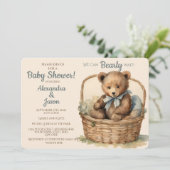 Baby Bear Boys Bearly Wait Baby Dusche Einladung (Stehend Vorderseite)