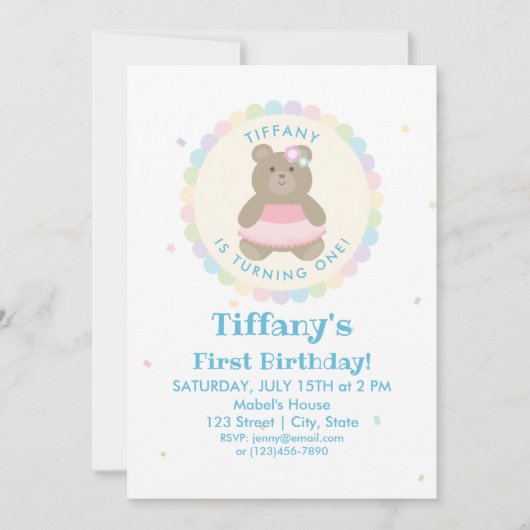 Baby Bear Cub Ballerina Girl First Birthday Party Einladung (Vorderseite)