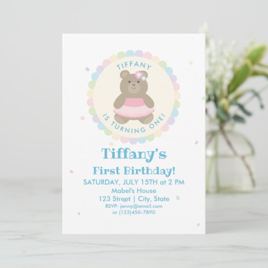 Baby Bear Cub Ballerina Girl First Birthday Party Einladung (Stehend Vorderseite)