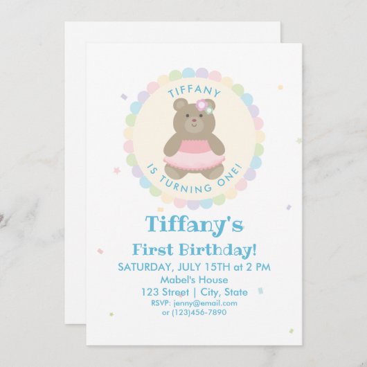 Baby Bear Cub Ballerina Girl First Birthday Party Einladung (Vorne/Hinten)