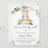 Baby Bear Greenery Gold Floral Baby Dusche Einladung (Vorderseite)