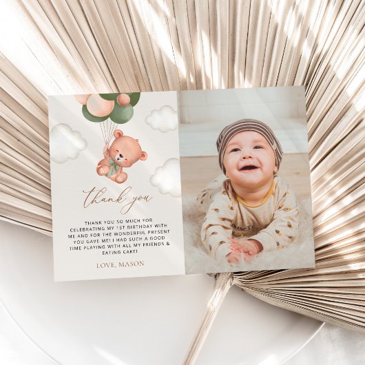Baby Bear, Grüne Balloons, erster Geburtstag Dankeskarte
