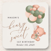Baby Bear, Grüne Balloons, erster Geburtstag Getränkeuntersetzer (Vorderseite)