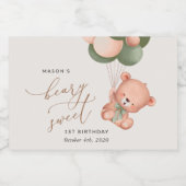 Baby Bear, Grüne Balloons, erster Geburtstag Schaumweinetikett (Einzelnes Label)