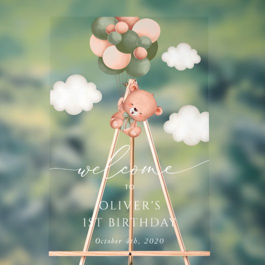 Baby Bear, Grüne Balloons, Erster Geburtstag Willk Acrylschild (Neutral)