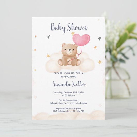 Baby Bear Heart Balloon Baby Shower Einladung (Stehend Vorderseite)