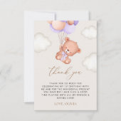 Baby Bear, Lila Balloons, erster Geburtstag Dankeskarte (Vorderseite)