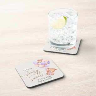 Baby Bear, Lila Balloons, erster Geburtstag Getränkeuntersetzer