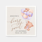 Baby Bear, Lila Balloons, erster Geburtstag Serviette (Vorderseite)