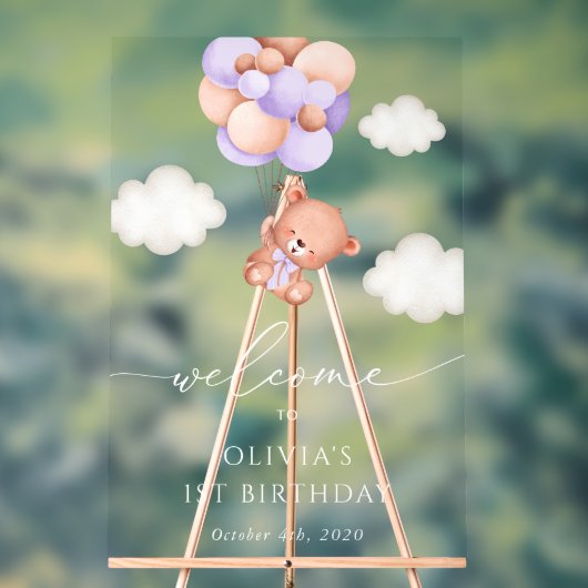 Baby Bear, Lila Balloons, Erster Geburtstag Willko Acrylschild (Neutral)