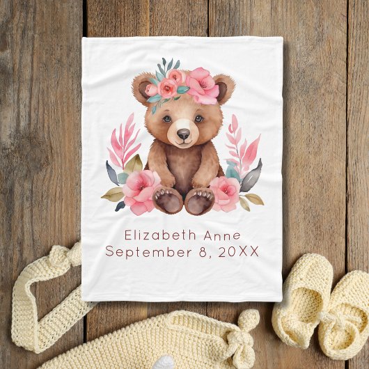 Baby Bear Pink Blume Aquarell Geschenk Baby Fleecedecke