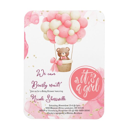 Baby Bear Pink Gold Heißluftballon Babydusche Magnet (Vertikal)