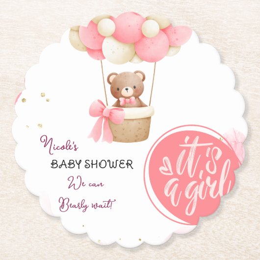 Baby Bear Pink Gold Heißluftballon Babydusche Untersetzer (Vorderseite)
