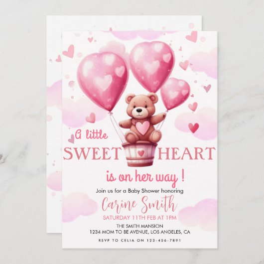 Baby Bear Pink Heart Balloon Baby Dusche Einladung (Vorne/Hinten)