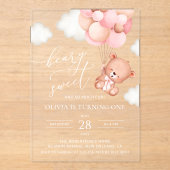 Baby Bear, rosa Balloons, erster Geburtstag Acryleinladungen (Vorderseite)