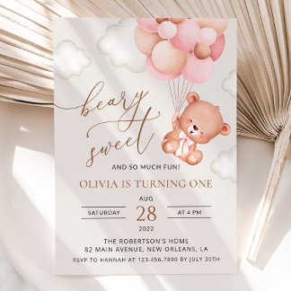 Baby Bear, rosa Balloons, erster Geburtstag Einladung
