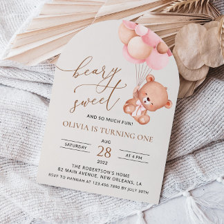 Baby Bear, rosa Balloons, erster Geburtstag Einladung