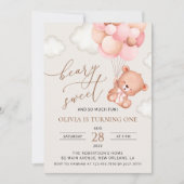 Baby Bear, rosa Balloons, erster Geburtstag Einladung (Vorderseite)